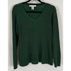 Pursuits Ltd Women’s 1X Green Ribbed V-Neck Sweater Silk Blend Metallic